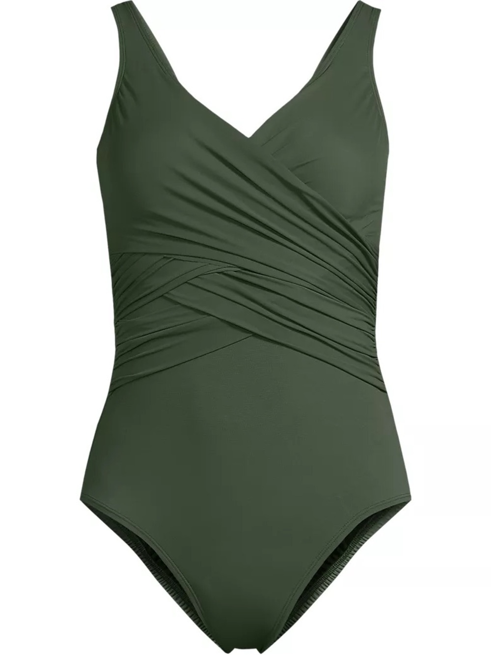LANDS’ END Women's Petite New SlenderSuit Wrap One Piece Swimsuit, Olive, 10P